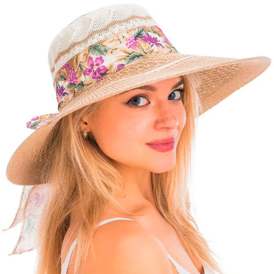 Floral Burlap Ribbon Chiffon Crochet Derby Sun Hat