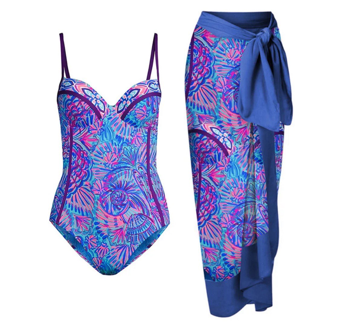 One Piece straps swimsuit with matching Cover set Blue