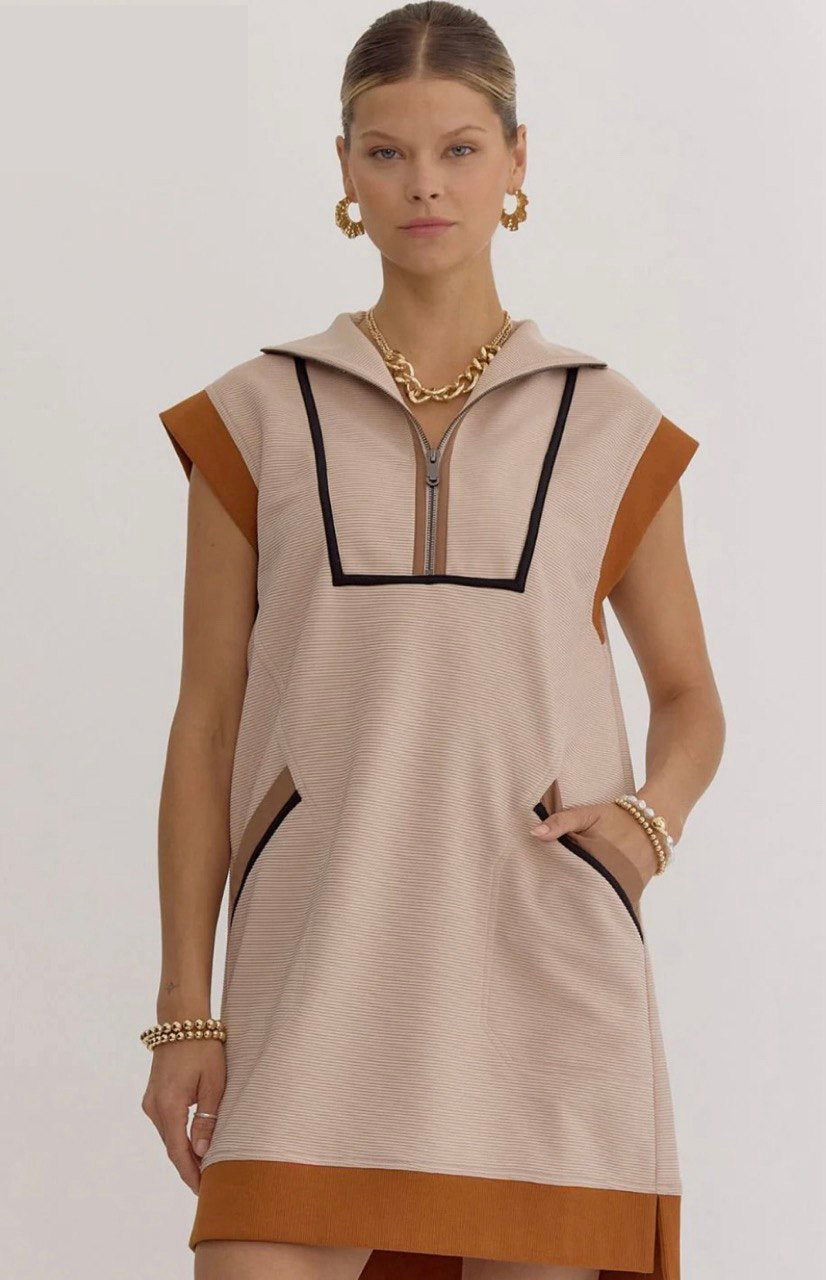 Textured solid zip up cap Sleeve Dress