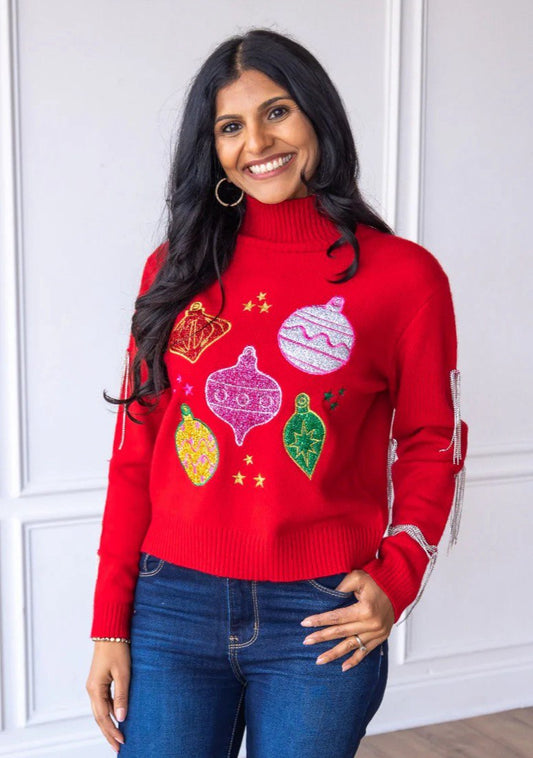 RED ORNAMENTS SWEATER WITH FRINGE SLEEVES