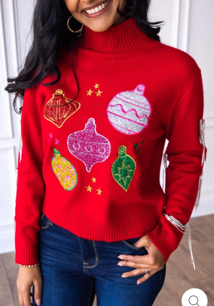 RED ORNAMENTS SWEATER WITH FRINGE SLEEVES