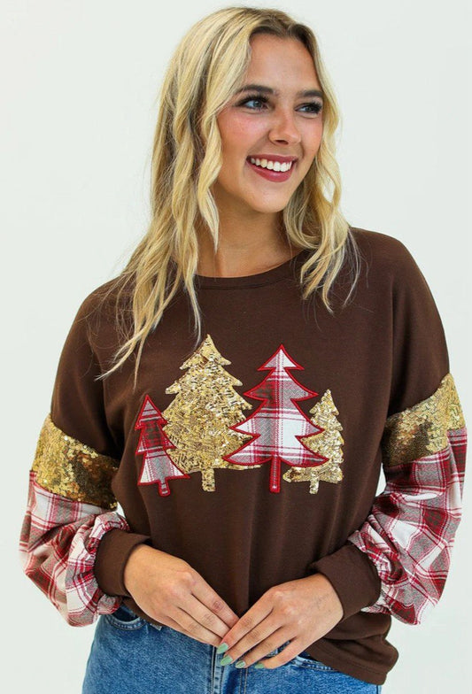 BROWN PLAID CHRISTMAS TREE SWEATSHIRT