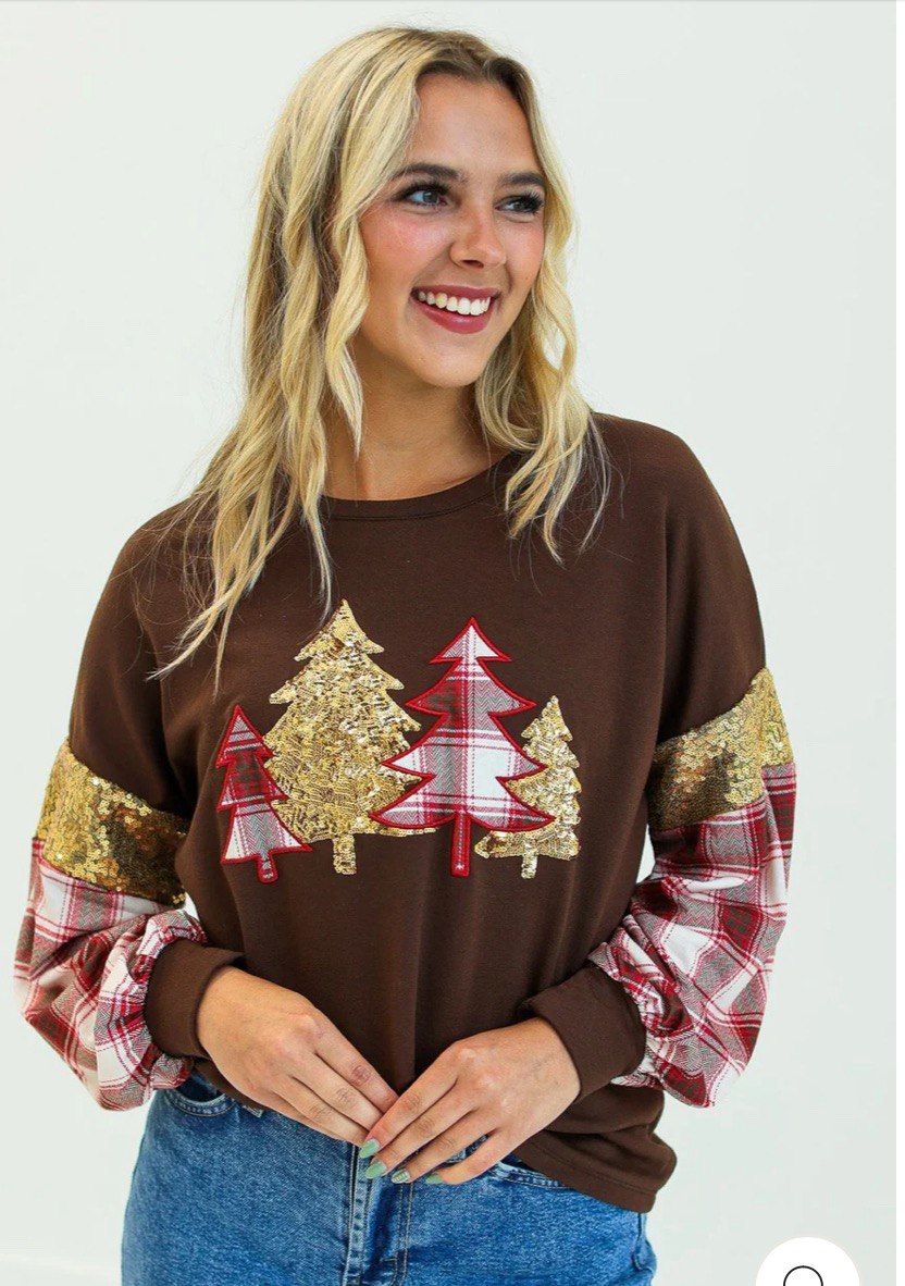 BROWN PLAID CHRISTMAS TREE SWEATSHIRT