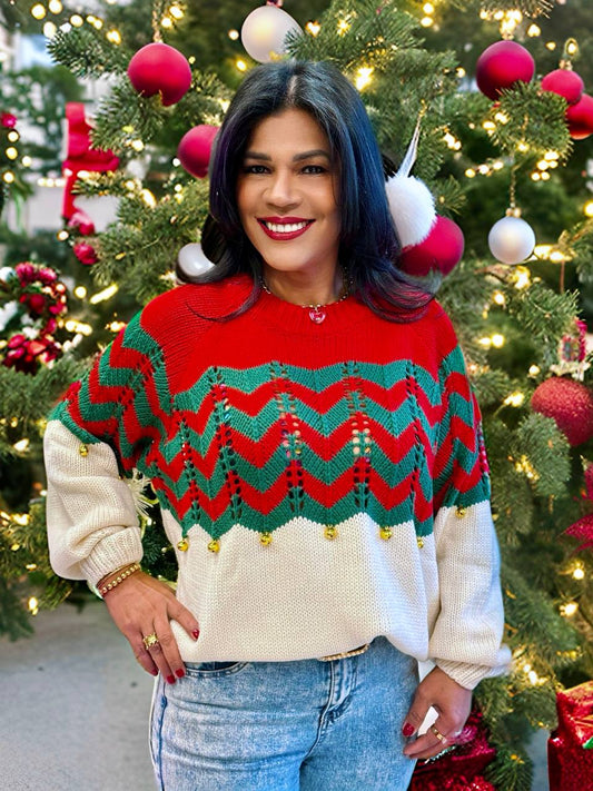 CHRIST STRIPED JINGLE BELL SWEATER