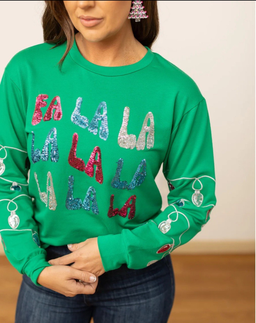 FA LA LA SEQUINS ON GREEN SWEATSHIRT