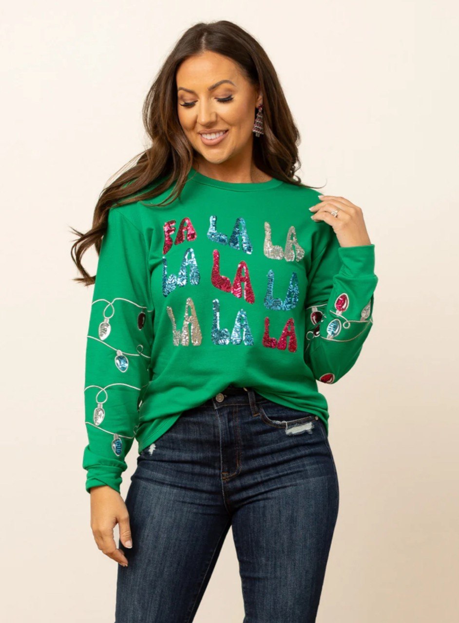 FA LA LA SEQUINS ON GREEN SWEATSHIRT