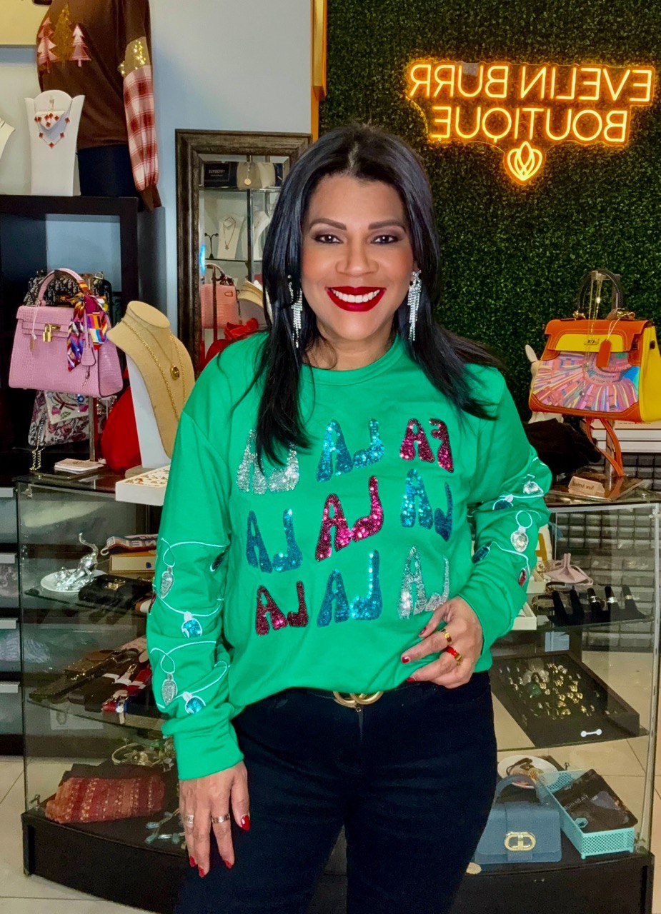 FA LA LA SEQUINS ON GREEN SWEATSHIRT