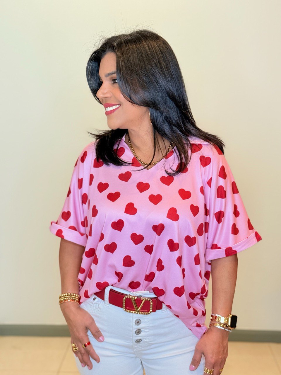 SUSSY COLLARED TOP, HEART PRINT