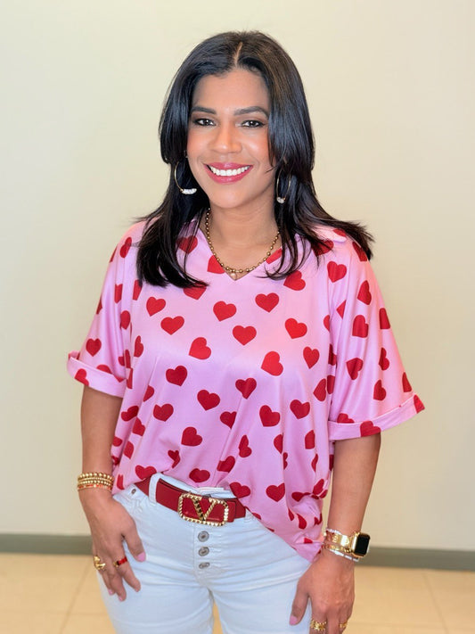 SUSSY COLLARED TOP, HEART PRINT