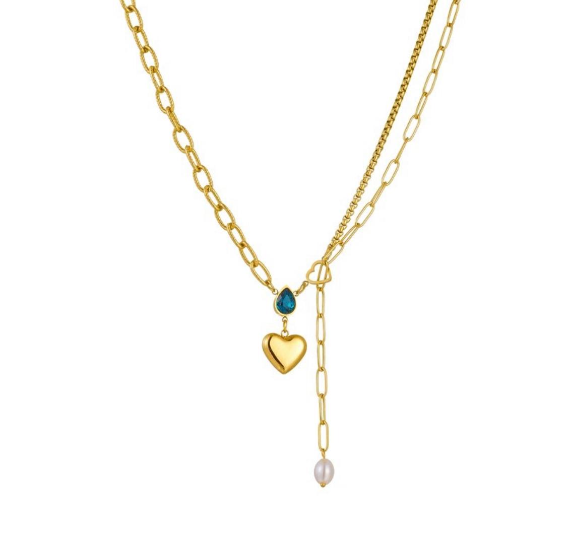 Blue Crystal Pearl and Heart Necklace