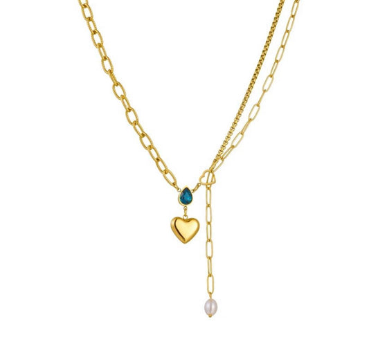 Blue Crystal Pearl and Heart Necklace