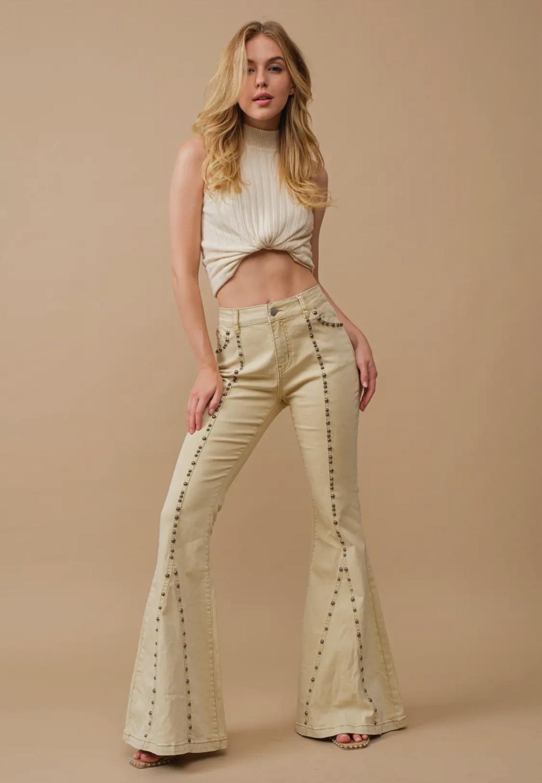 Antique Gold Metal Studs Flared Jeans