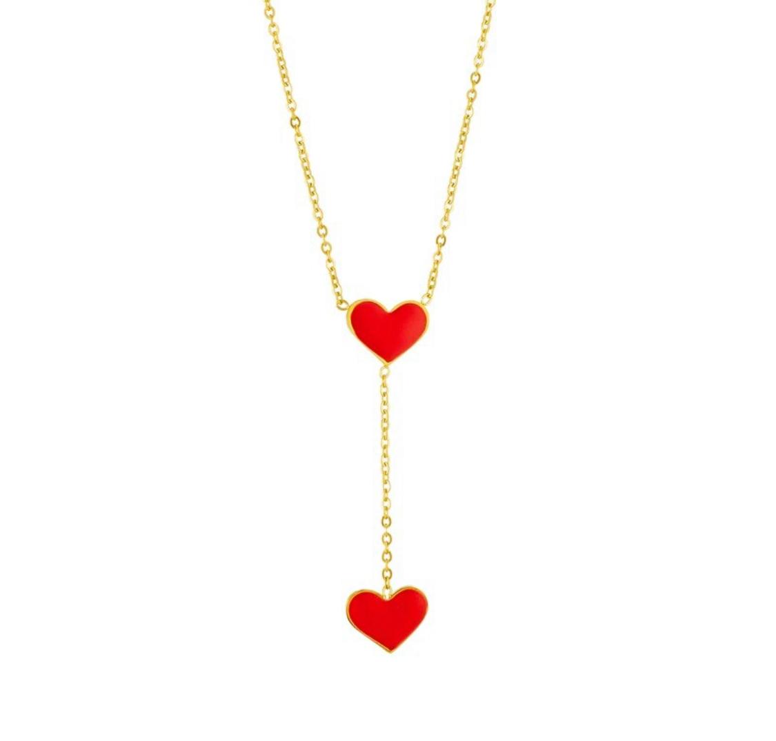 Two Red Heart Necklace, Stainless Steel