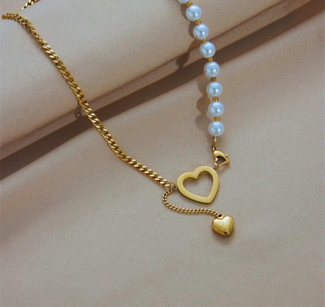 Pearl Cutout Heart Long Pendant Necklace