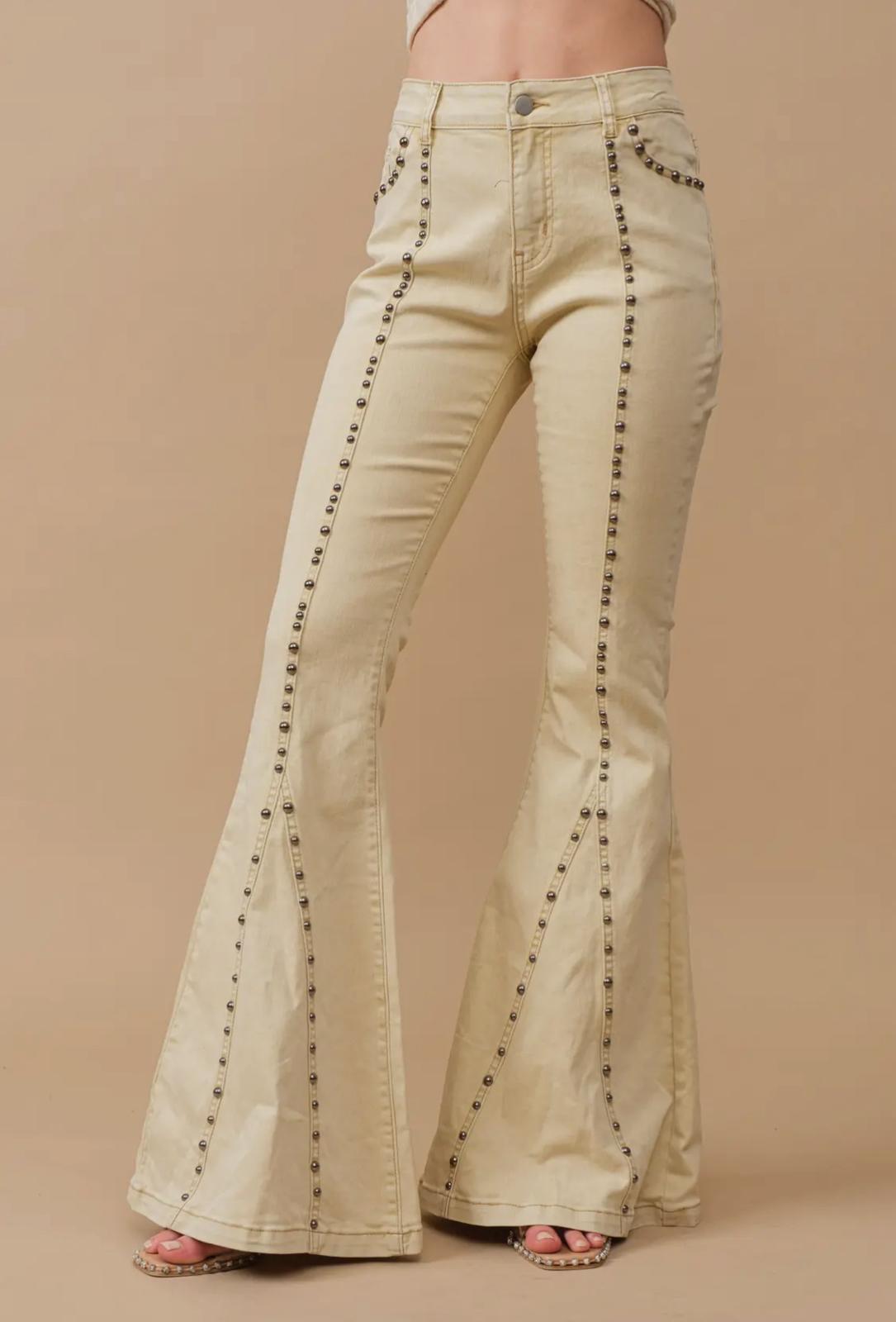 Antique Gold Metal Studs Flared Jeans