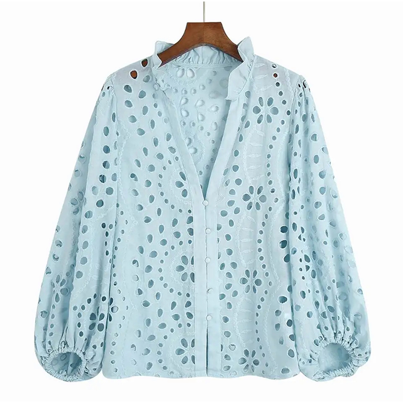 Blue Lace Shirt Hollow Out Embroidery